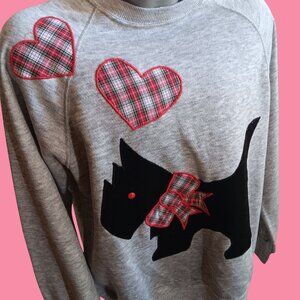 XL Vintage Gray Sweatshirt With Scottie Dog & Plaid Hearts Applique Cozy Fleece